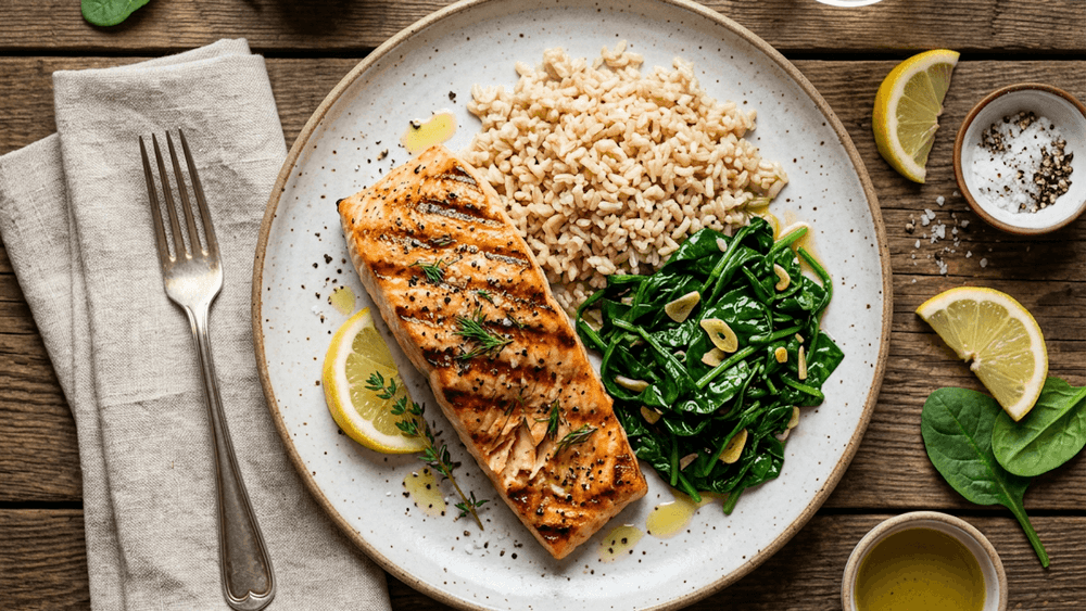 Salmão Grelhado com Espinafres Salteados e Arroz Integral