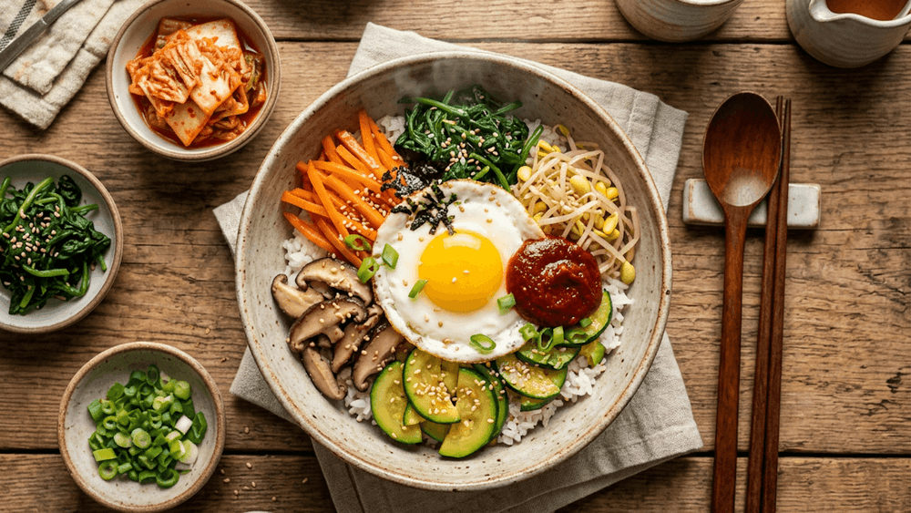 Bibimbap Clásico — Arroz con Verduras Salteadas, Carne Marinada y Gochujang