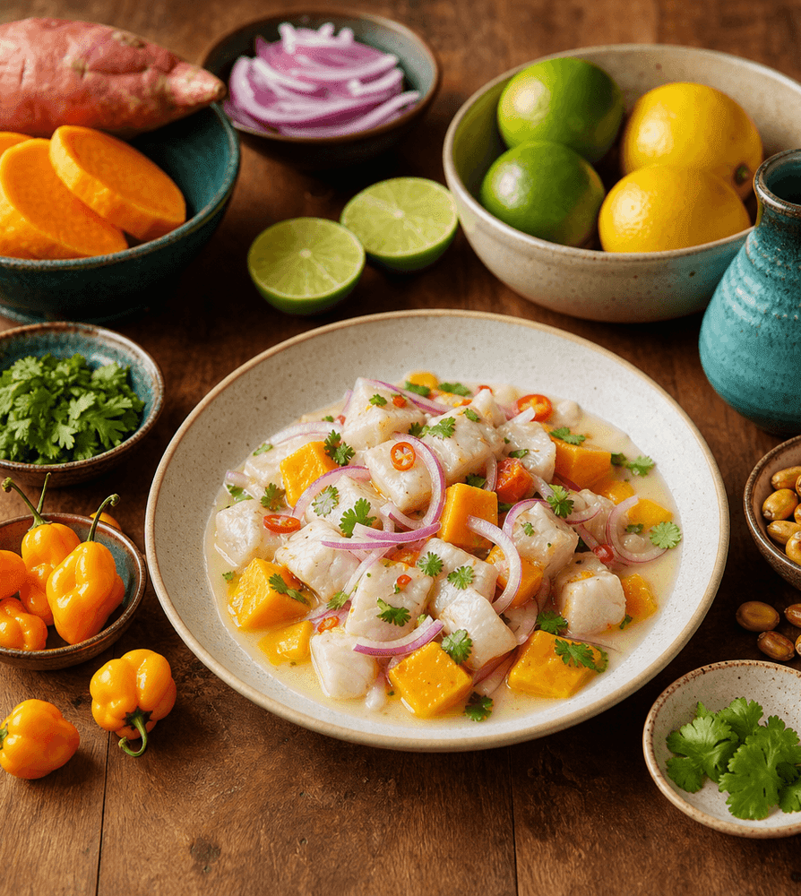 Ceviche com Corvina, Aji Amarillo e Batata-Doce