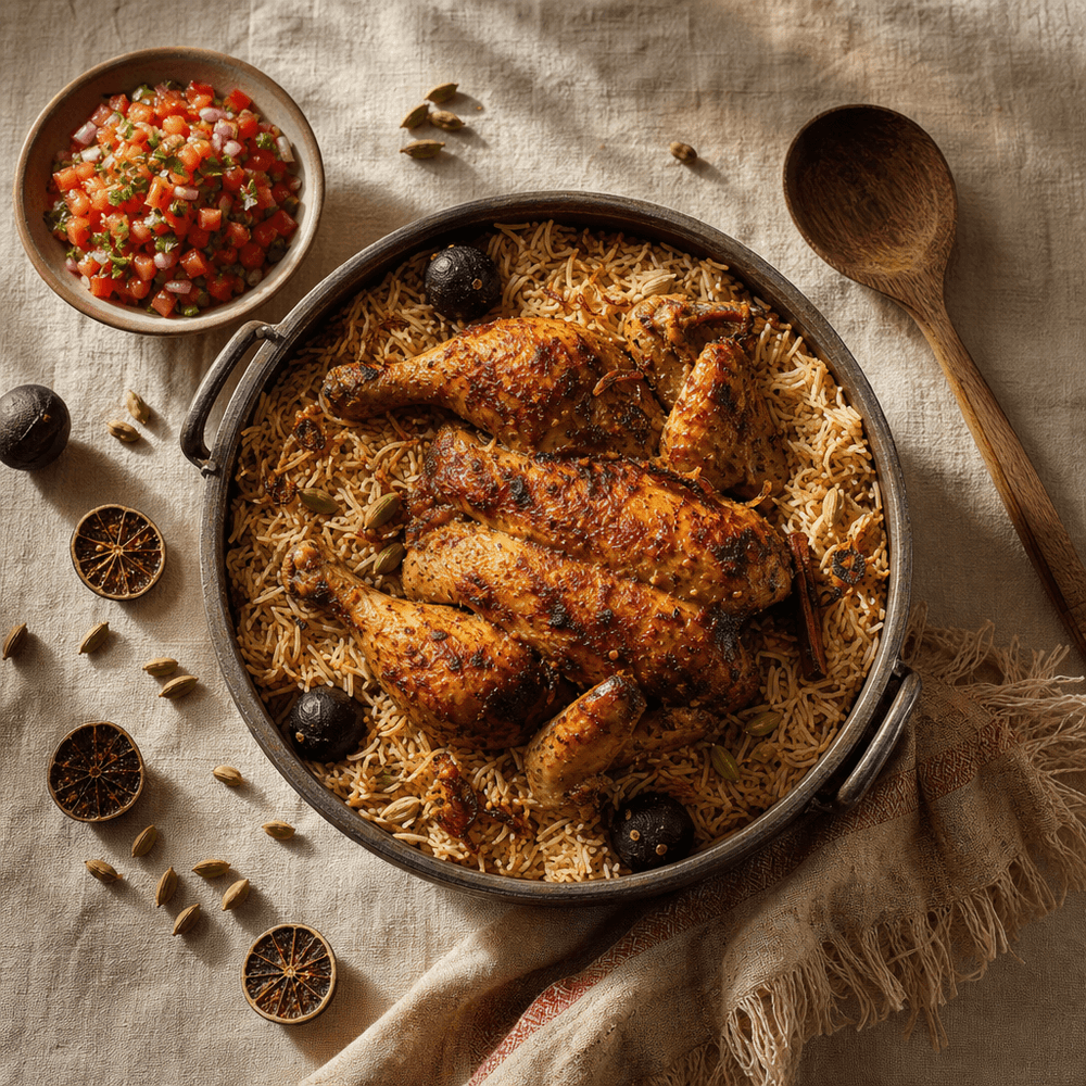 Chicken mandi with spiced rice and fresh tomato salsa