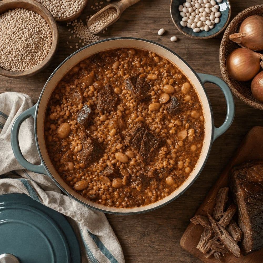 Cholent: Stew with Beans, Barley, and Beef