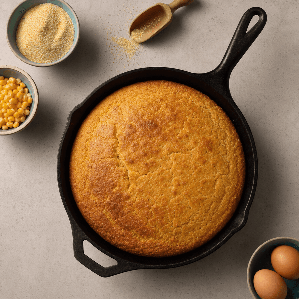 Cornbread dans une poêle en fonte brûlante