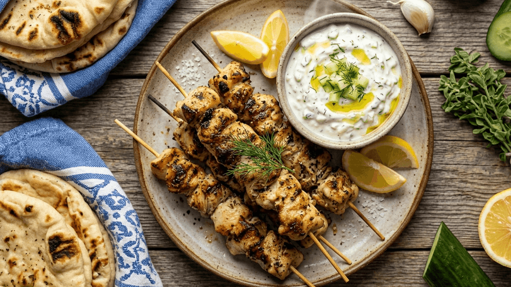 Chicken Souvlaki with Tzatziki, Grilled on Skewers