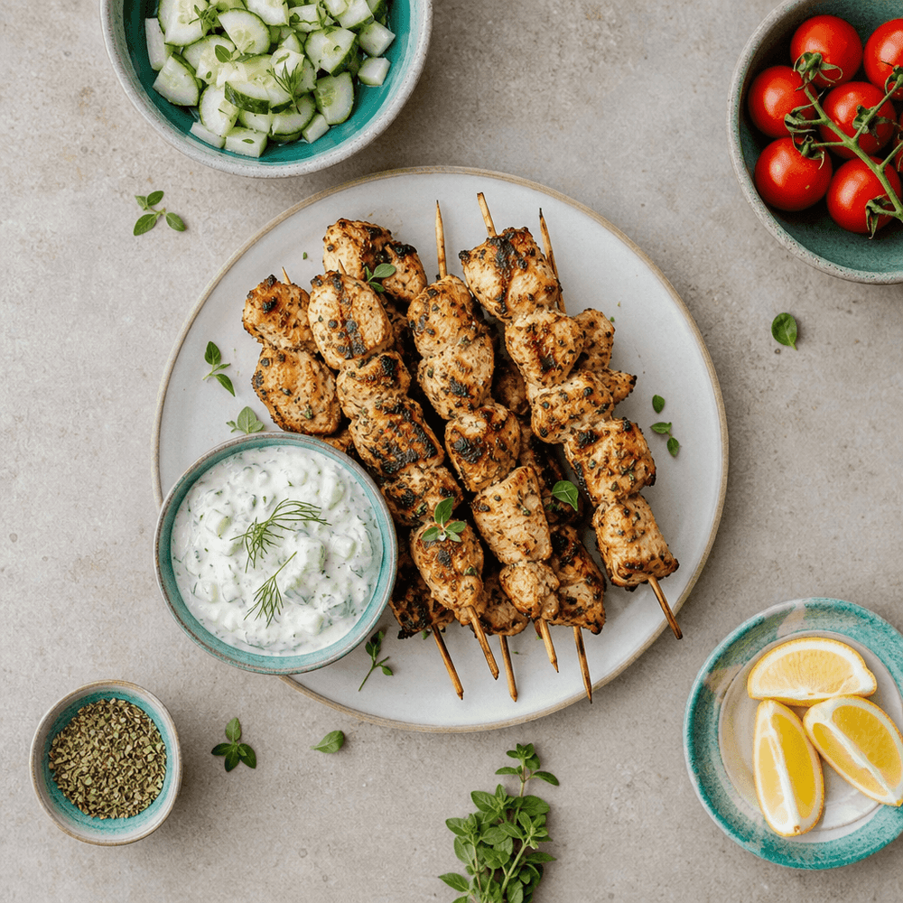 Chicken Souvlaki with Tzatziki, Grilled on Skewers