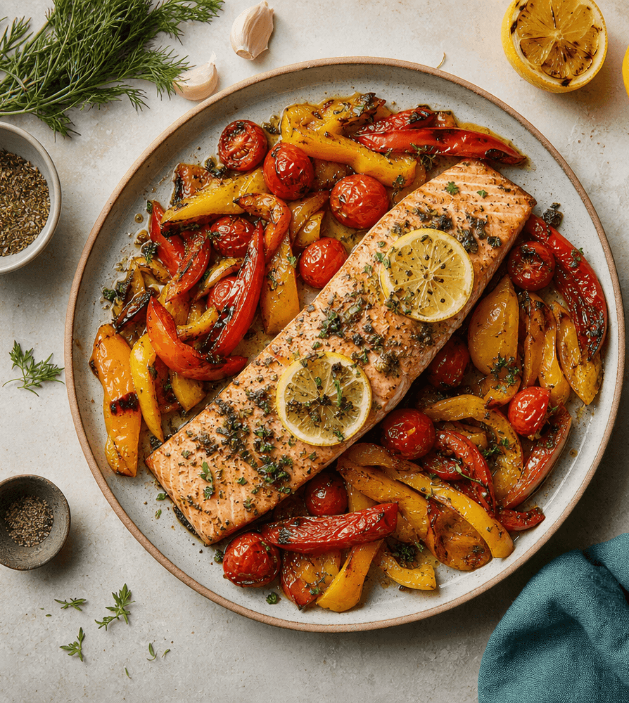 Salmon with Lemon-Herb Marinade and Roasted Vegetables