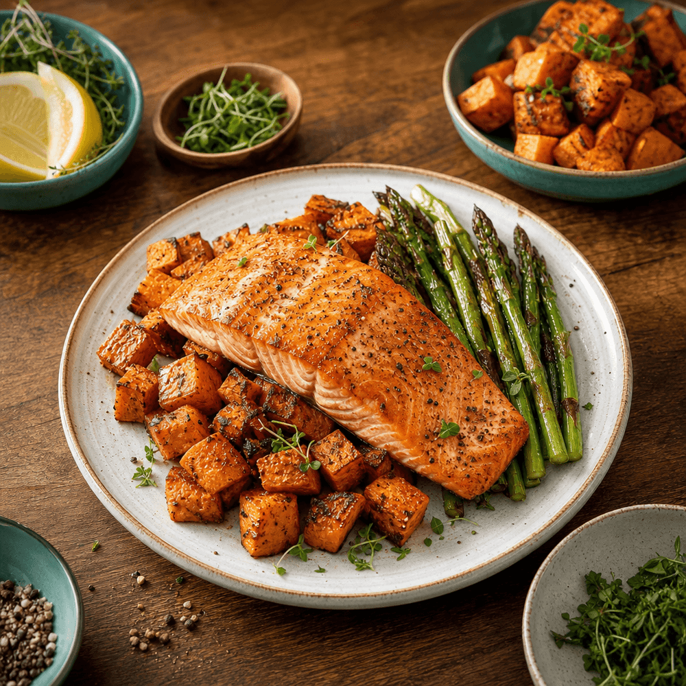 Salmon with Roasted Sweet Potato and Asparagus