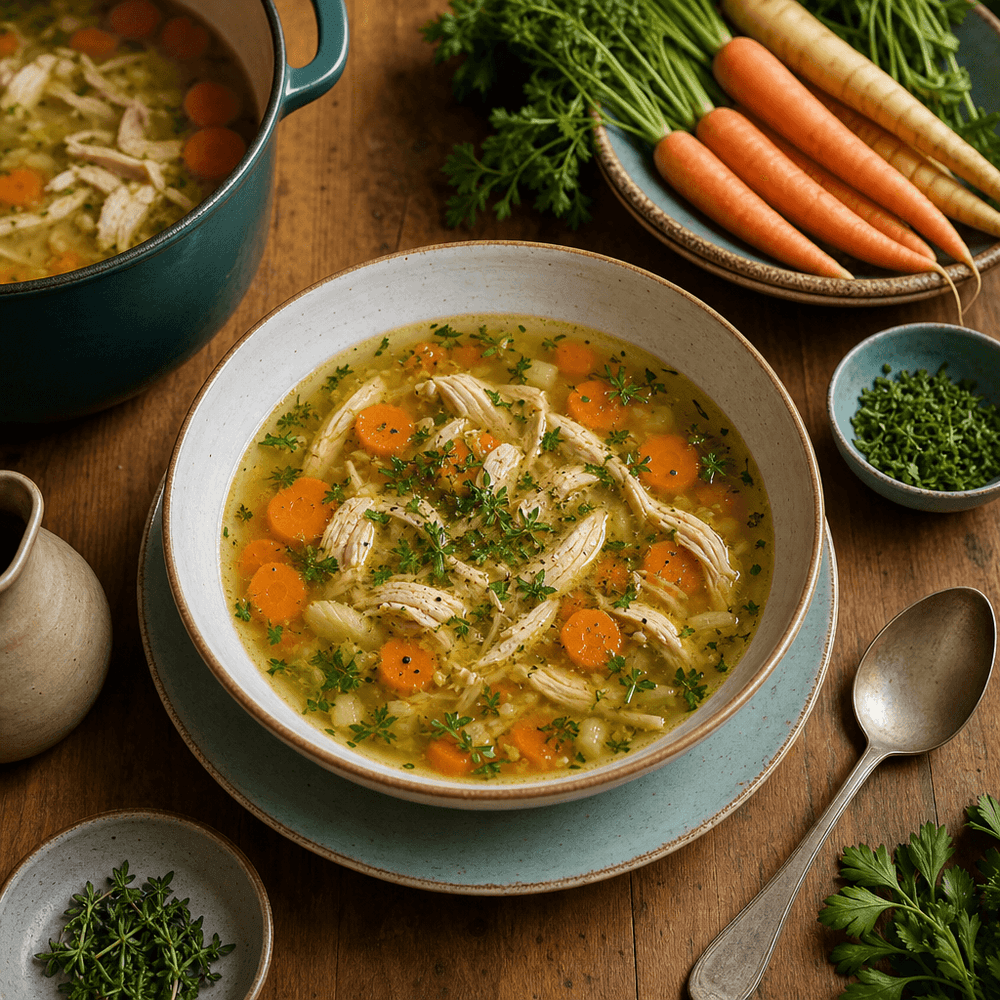 Hühnersuppe mit Karotten und Kräutern – klare Brühe