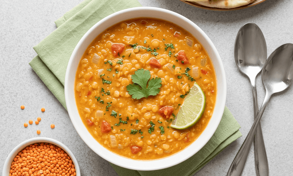 Soupe de lentilles corail au curcuma, gingembre et lait de coco