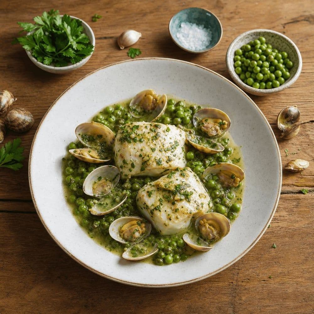 Basque-Style Hake with Peas and Clams