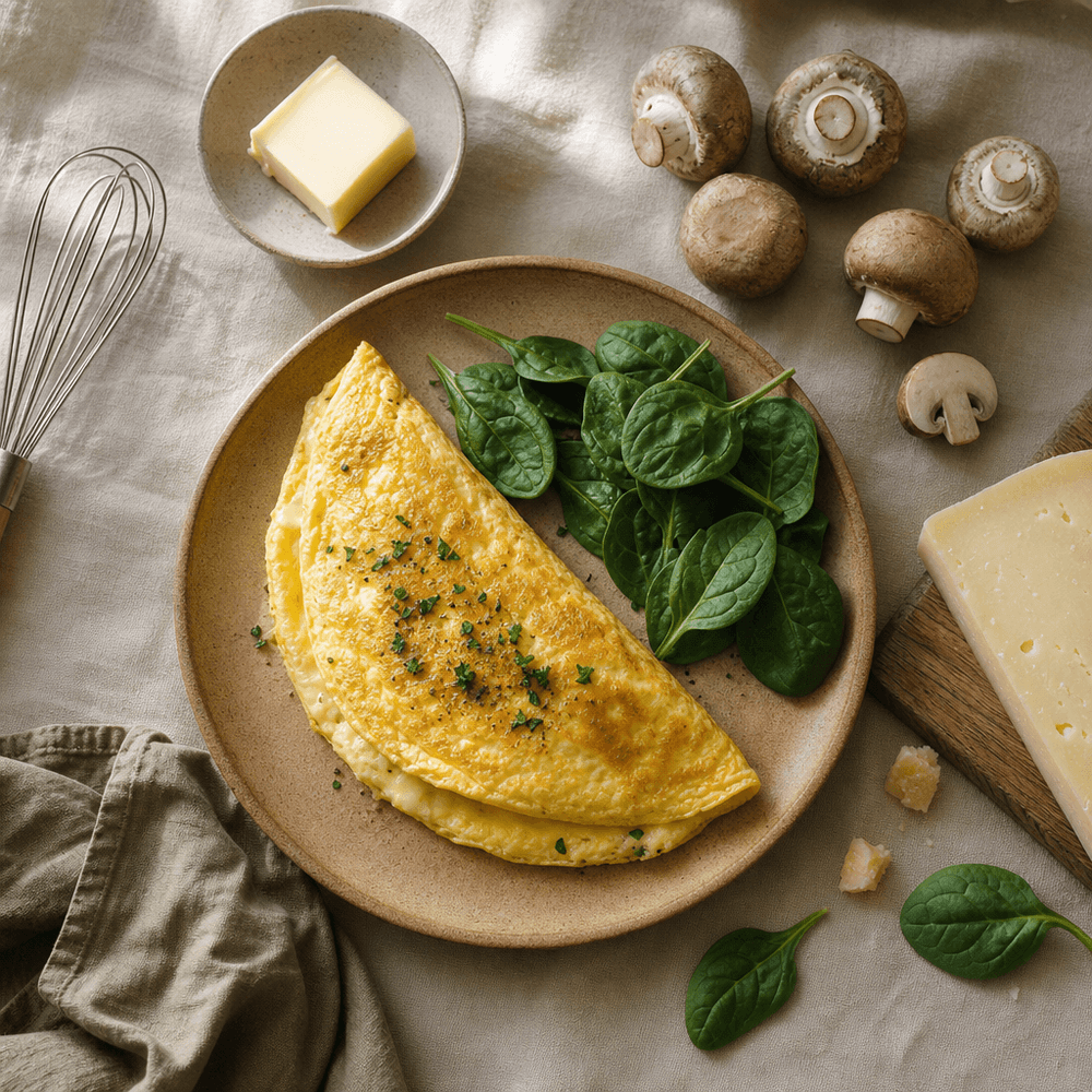 Omelette aux épinards, champignons et gruyère