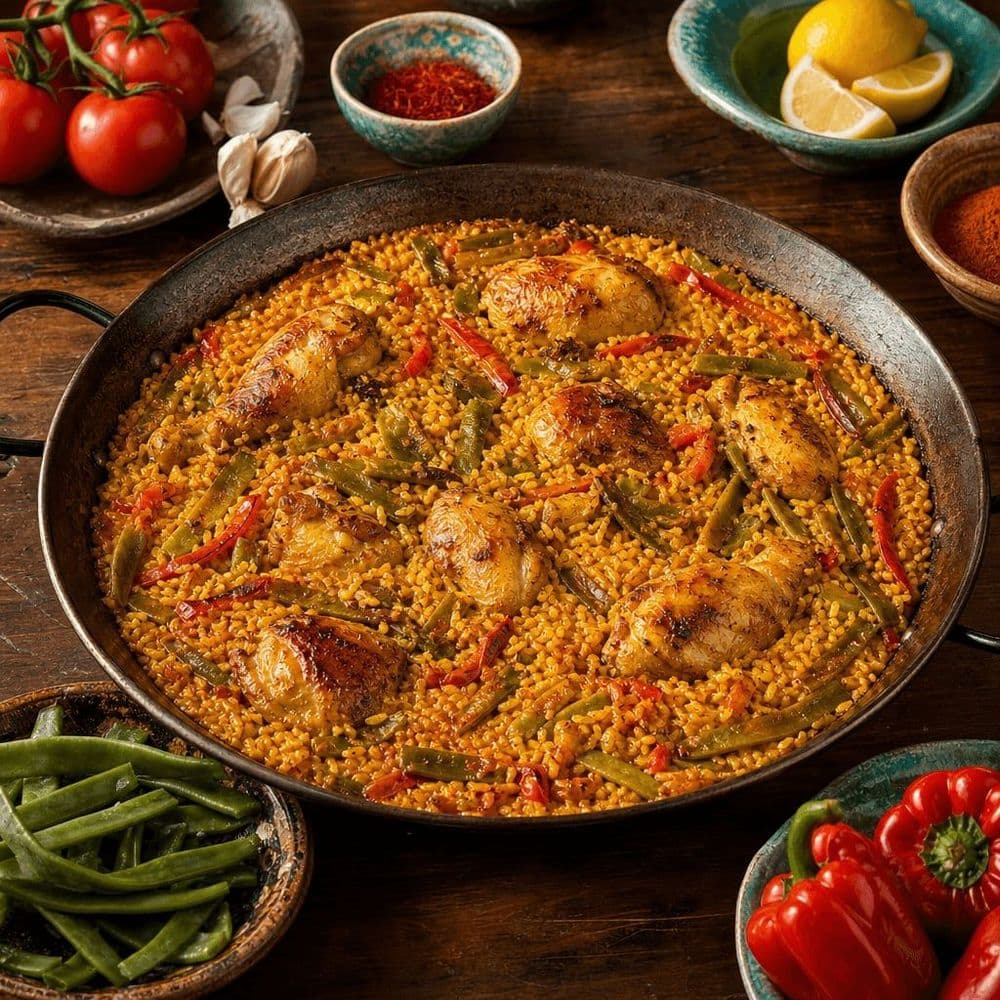 Chicken and saffron rice, paella-style