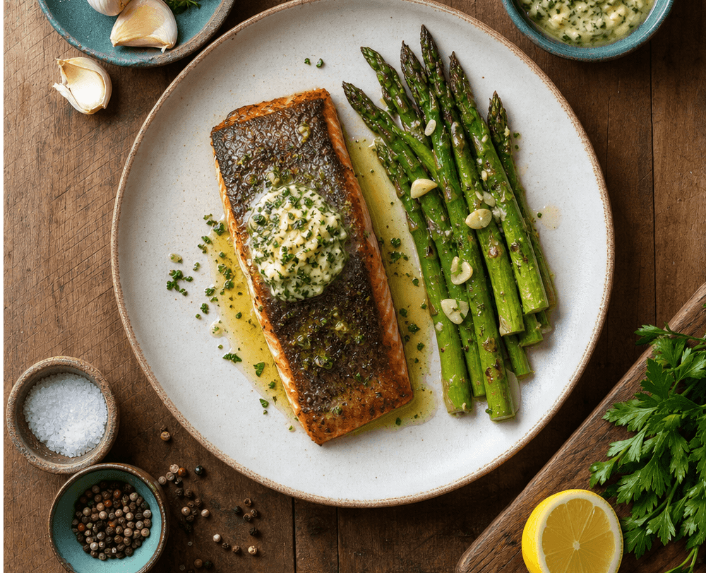 Salmão Grelhado com Manteiga de Ervas e Aspargos