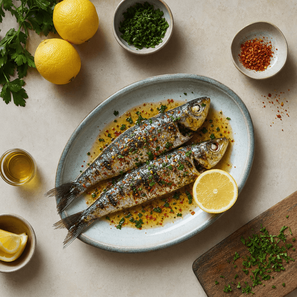 Sardines grillées au citron, piment d'Espelette et persil