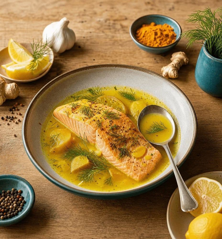Poached Salmon with Wellness Spices: Turmeric and Ginger