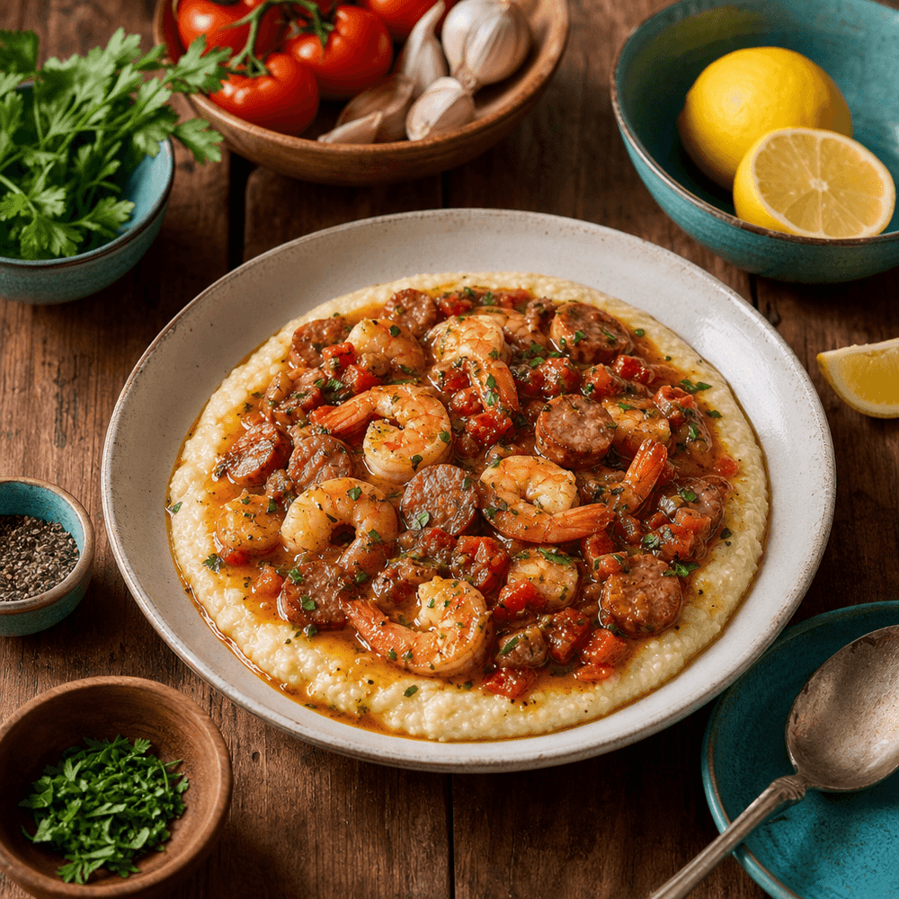 Shrimp and Grits with Tomato-Herb Pan Sauce