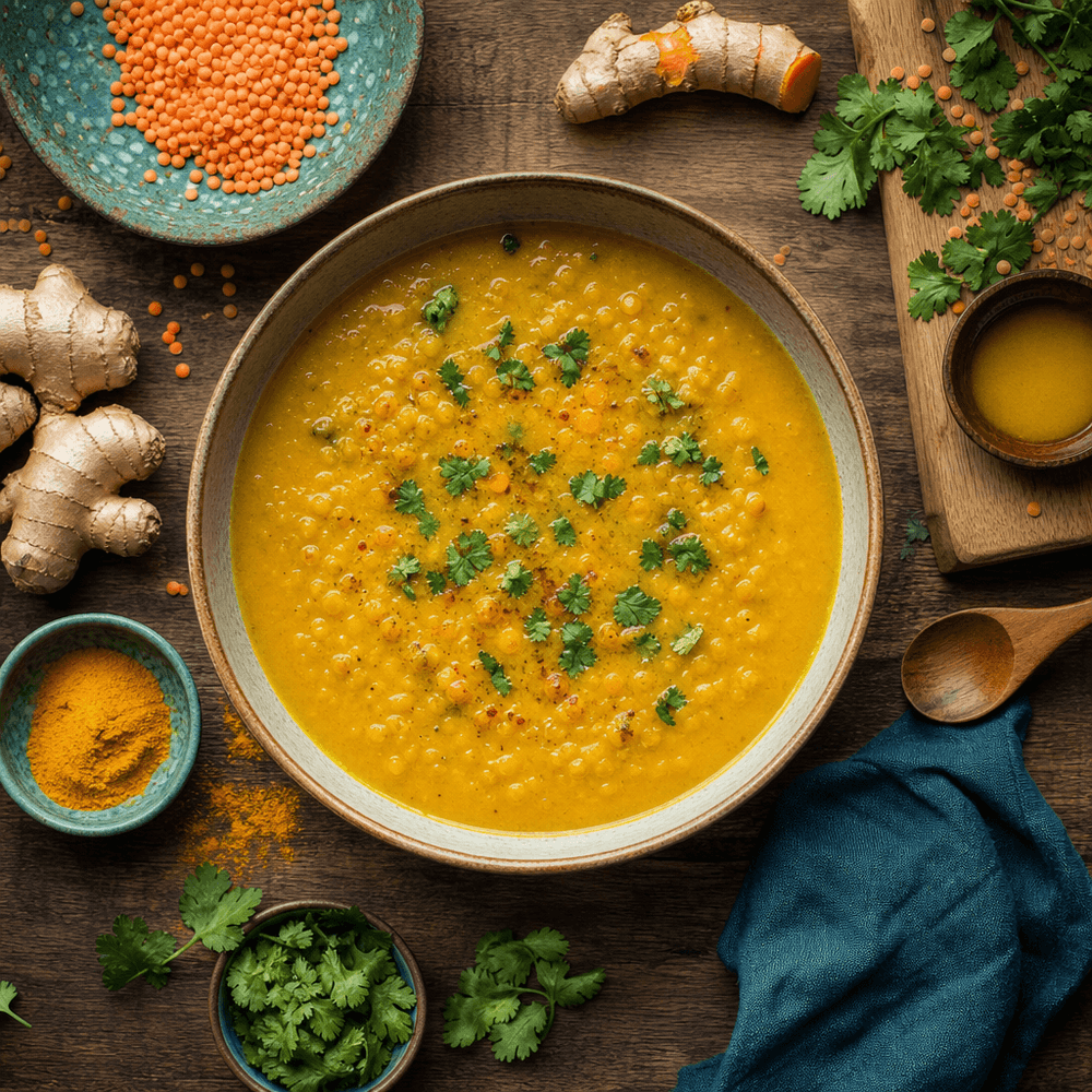Sopa de Lentejas Rojas con Cúrcuma y Jengibre