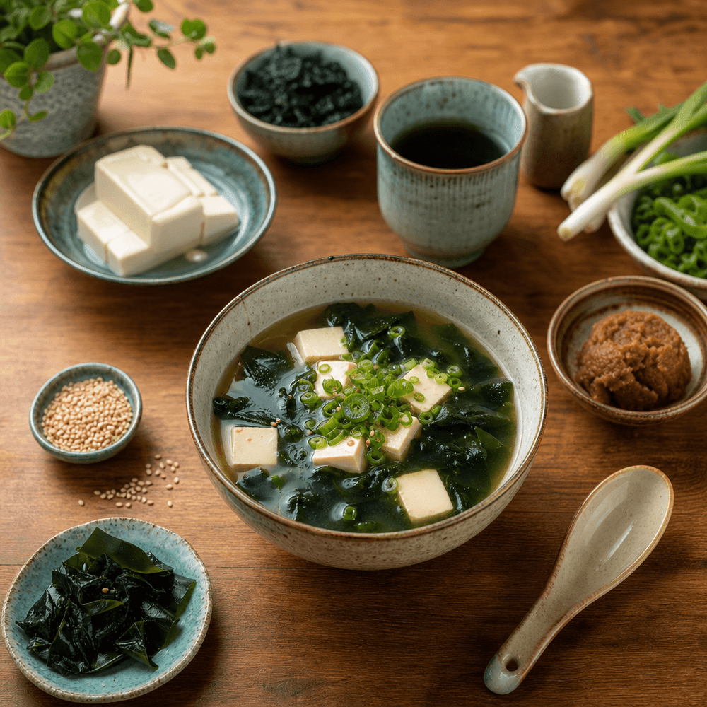 Soupe miso au tofu, algues wakame et dashi maison