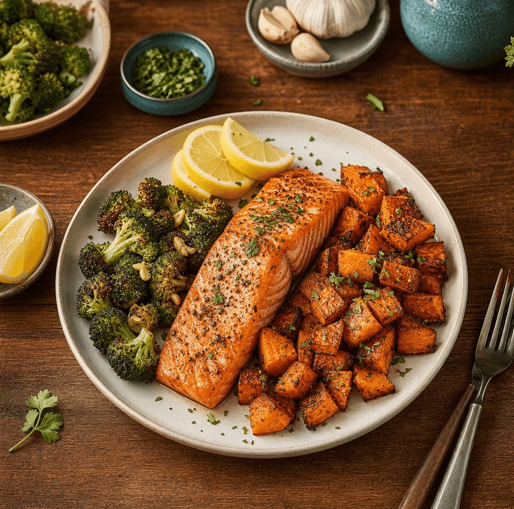 Salmão Assado com Batata-Doce e Brócolos ao Alho